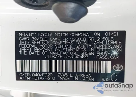 2021 Toyota Prius Le z USA, uszkodzony, nr VIN JTDKAMFU7M3140493